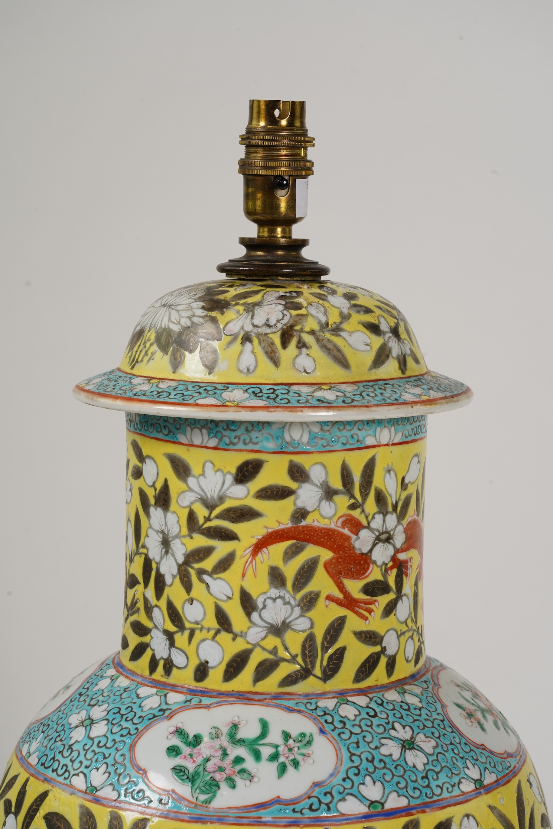 A large Chinese yellow ground ‘dragon’ vase, Guangxu period, mounted as a lamp